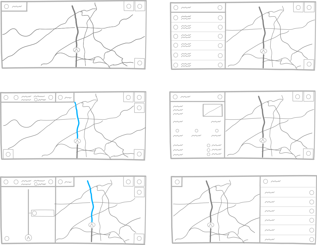 Wireframe sketches of the Audi navigation screens